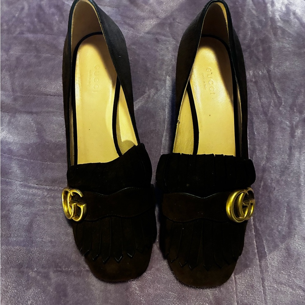 Gucci Chocolate Brown Suede Marmont Heels with Gold Double G - regularly $750